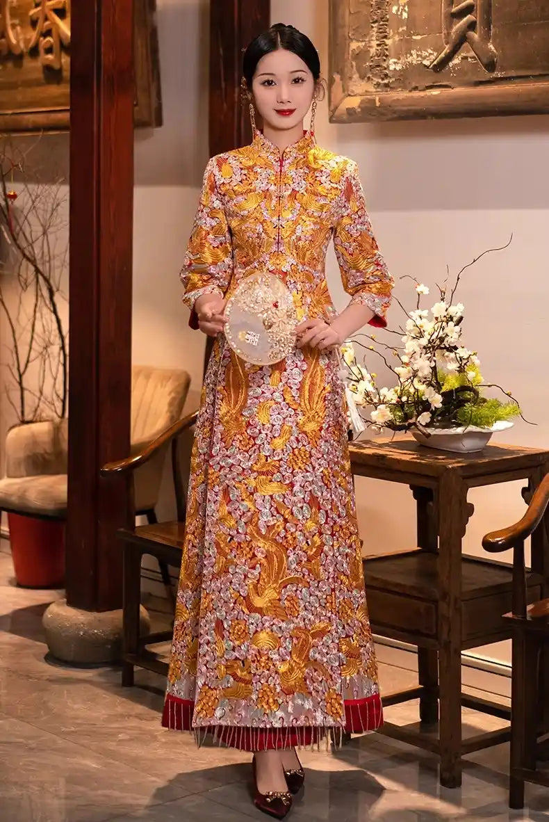 Chinese Traditional Wedding Dress Qun Kwa | Eternal Love Embroidered Dragon & Phoenix Set