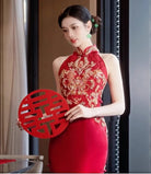 Red Halter Modern Qipao Cheongsam Dress with Golden Sequin Flowers