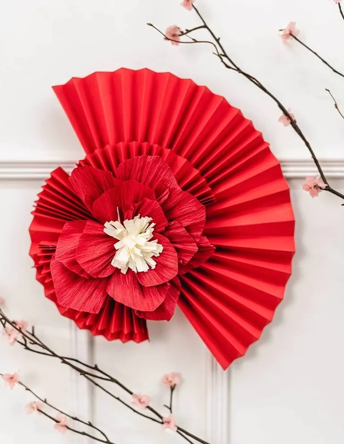 Red Paper Fan and Flower Wall Decor