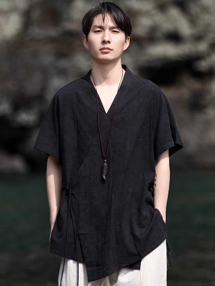 Retro V-Neck Linen Short Sleeve Shirt Men