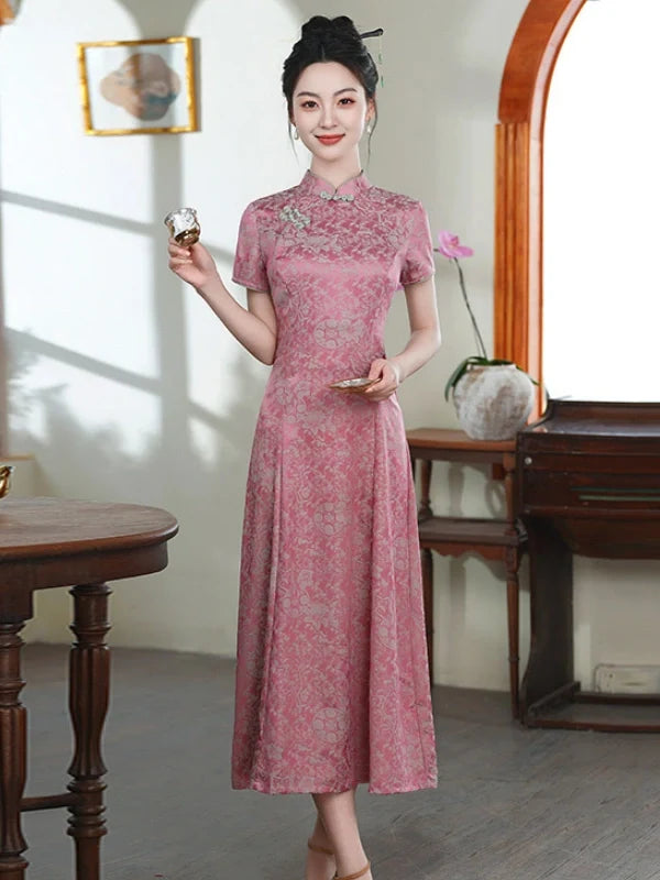 Rose Pink Floral Jacquard A-Line Qipao