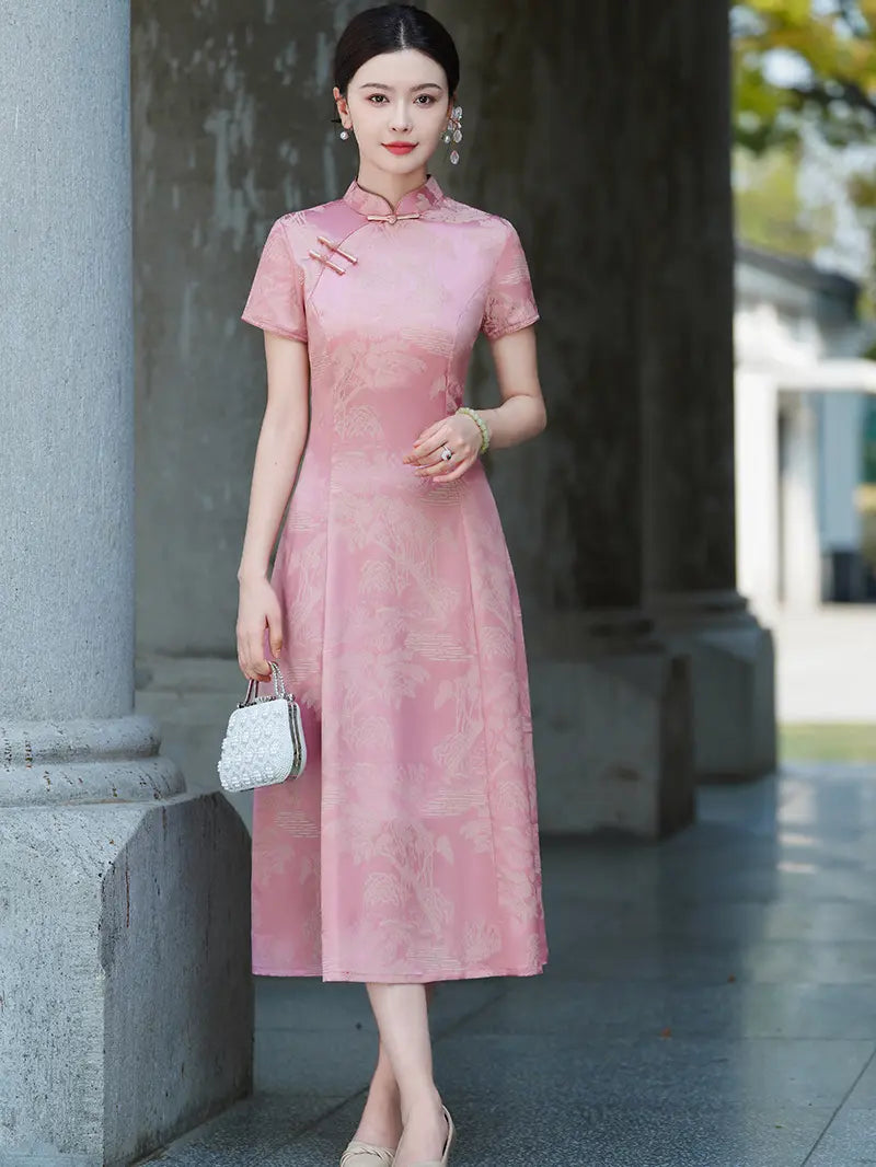 Rose Pink Landscape Jacquard Modern A Line Qipao