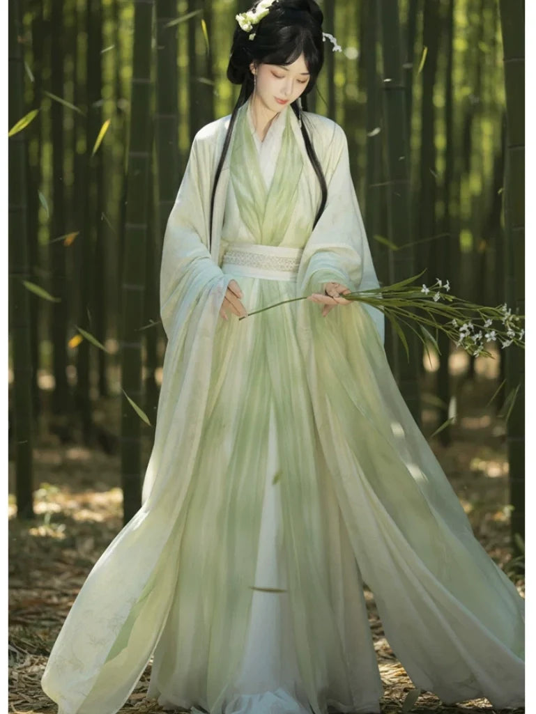 Sage Green Traditional Wei-Jin Style Double-Layer Hanfu Dress Set