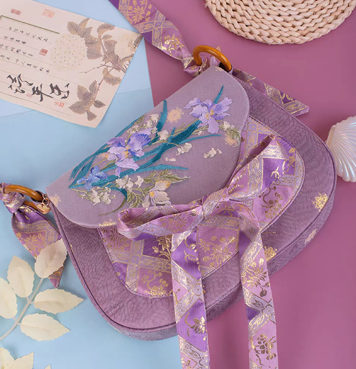 Purple Iris Embroidered Crossbody Bag