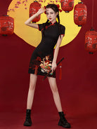 Short Cheongsam in black and red with festive Chinese lady pattern