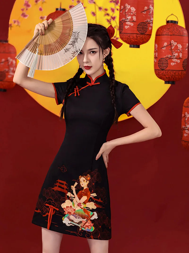 Short Cheongsam in black and red with festive Chinese lady pattern