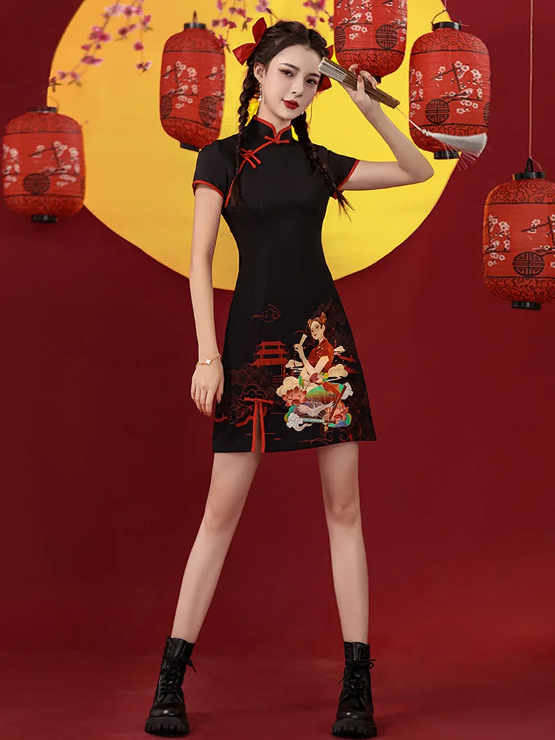 Short Cheongsam in black and red with festive Chinese lady pattern
