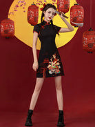 Short Cheongsam in black and red with festive Chinese lady pattern