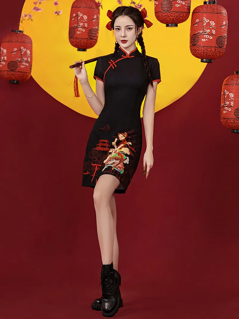 Short Cheongsam in black and red with festive Chinese lady pattern