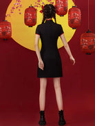 Short Cheongsam in black and red with festive Chinese lady pattern