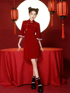 Red short qipao modern Chinese dress for New Year celebrations