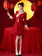 Short Qipao Dress in vibrant red with subtle jacquard texture and A-line shape