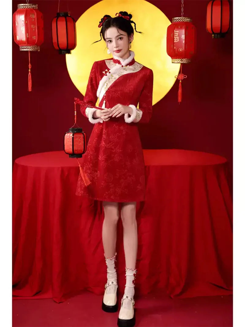 Short Qipao Dress in vibrant red with subtle jacquard texture and A-line shape