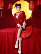 Short Qipao Dress in vibrant red with subtle jacquard texture and A-line shape