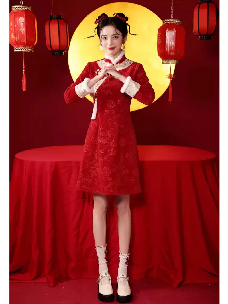 Short Qipao Dress in vibrant red with subtle jacquard texture and A-line shape