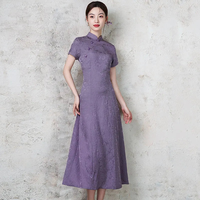 Purple/Black Short Sleeve Floral A Line Qipao Dress