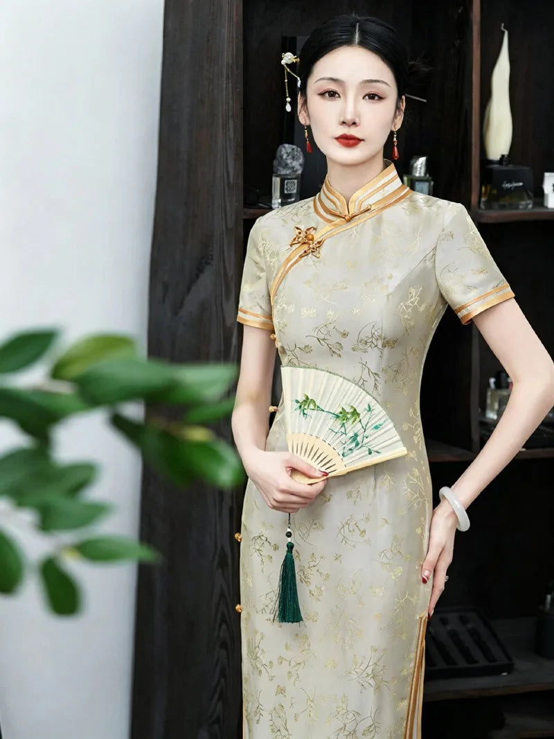 Silk Qipao yellow silk cheongsam elegant formal dress for women banquet and celebration outfit