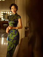 Silk Qipao Dress green silk cheongsam elegant women dress with mandarin collar and vintage design