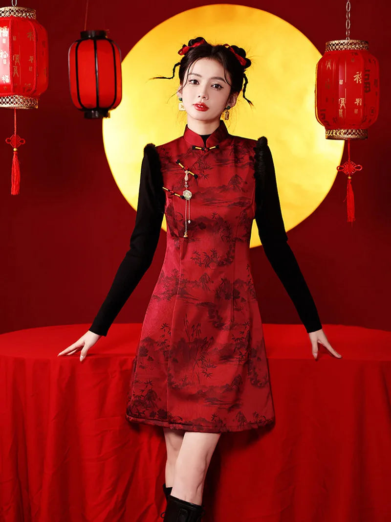 Sleeveless New Year's Qipao in glossy red with ink landscape pattern and tassel detail