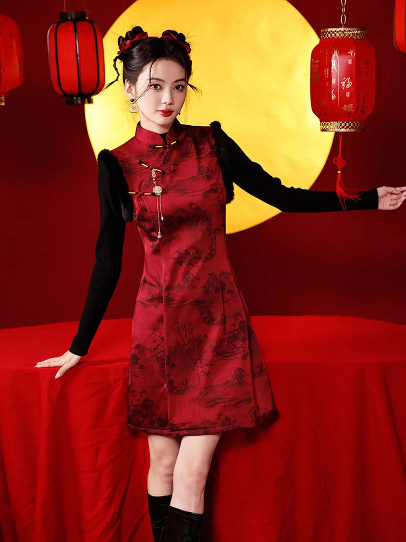 Sleeveless New Year's Qipao in glossy red with ink landscape pattern and tassel detail