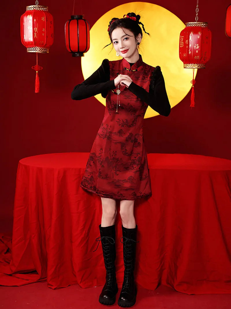Sleeveless New Year's Qipao in glossy red with ink landscape pattern and tassel detail