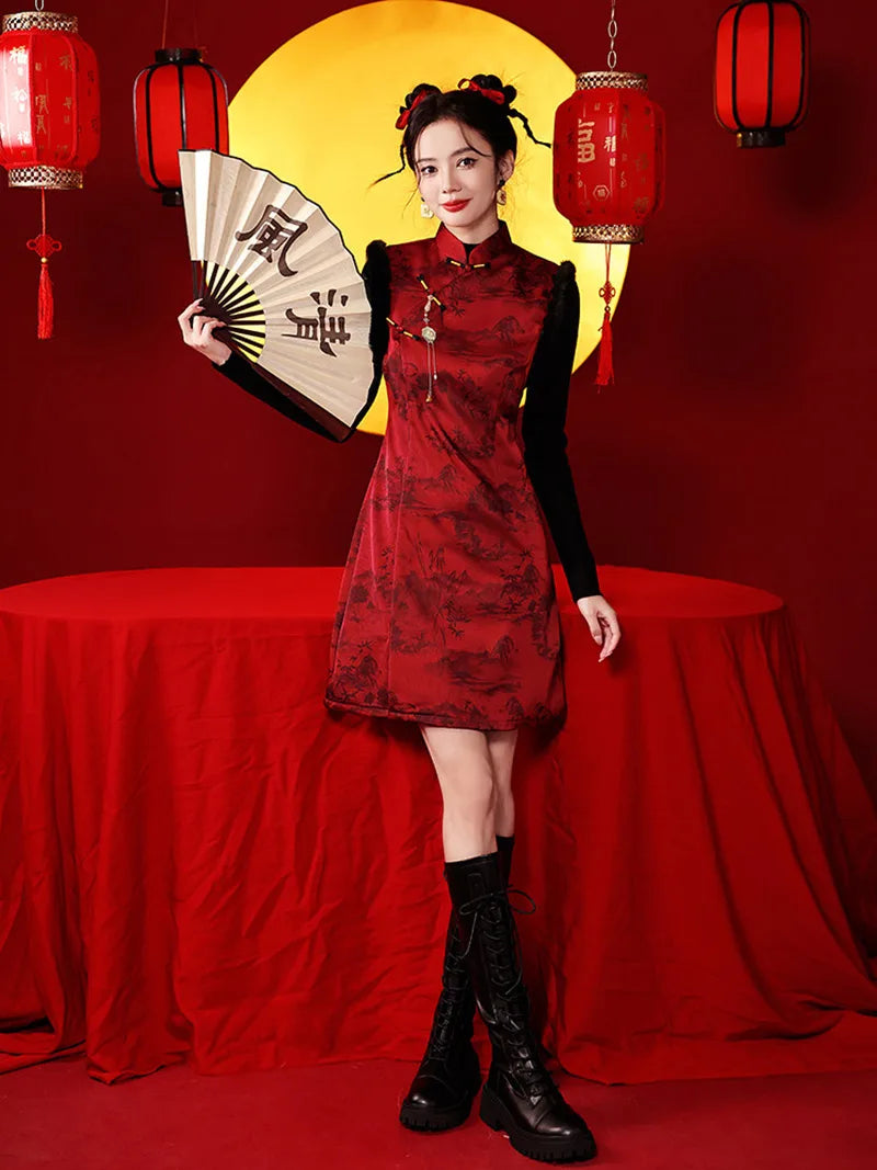 Sleeveless New Year's Qipao in glossy red with ink landscape pattern and tassel detail