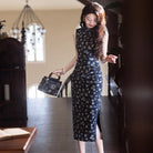 Sleeveless Navy Blue Foral Print Qipao
