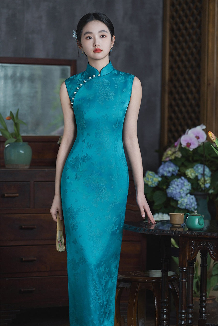 Sleeveless Teal Blue Qipao Dress with Pearl Buttons
