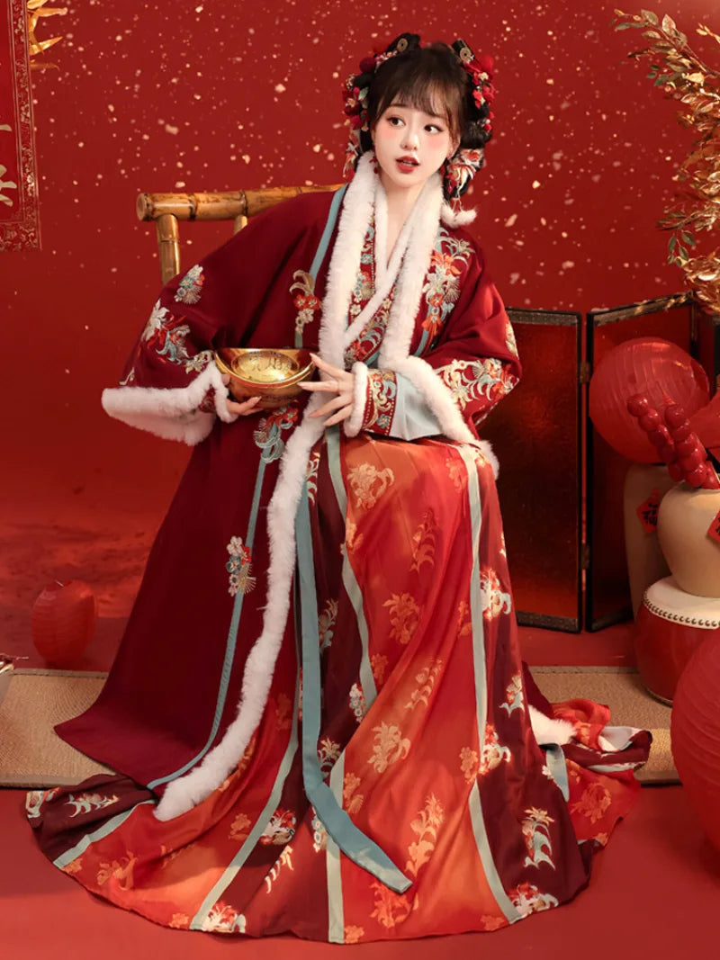 Song dynasty hanfu winter outfit with fur collar embroidery and pleated skirt