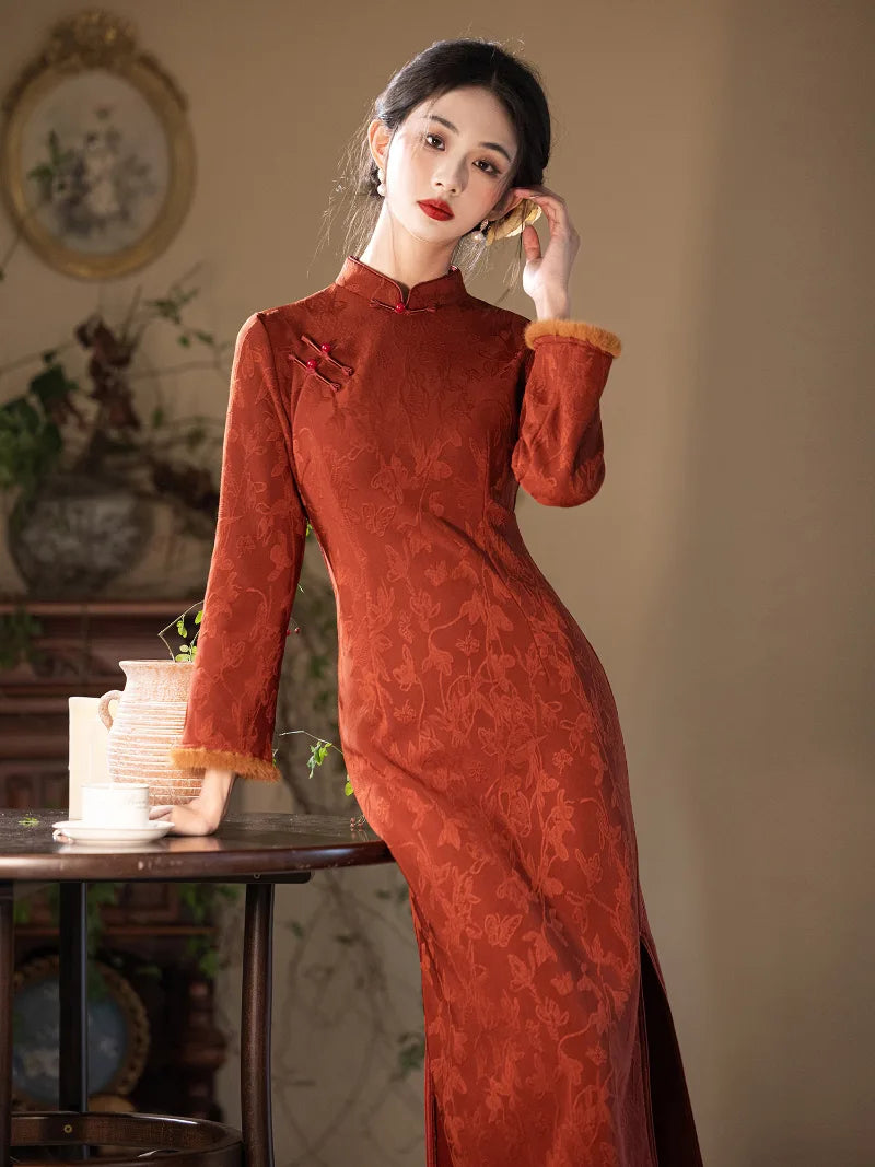 Winter Spring Festival Cheongsam featuring classic mandarin collar and slim silhouette