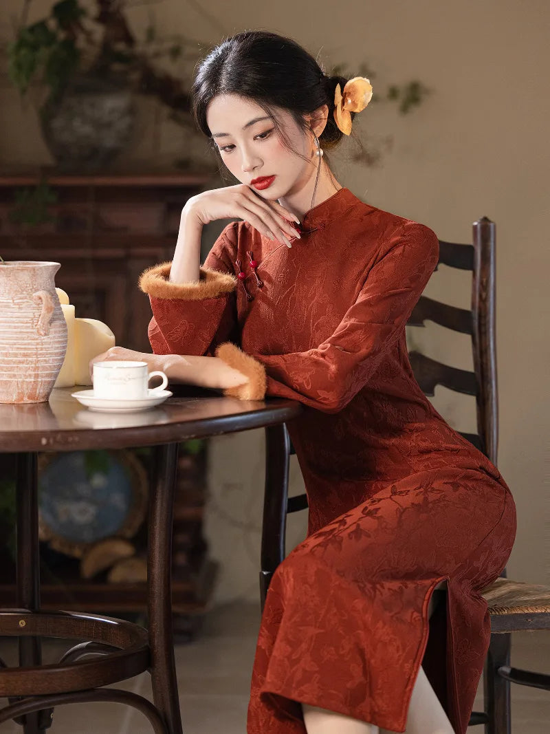 Winter Spring Festival Cheongsam featuring classic mandarin collar and slim silhouette