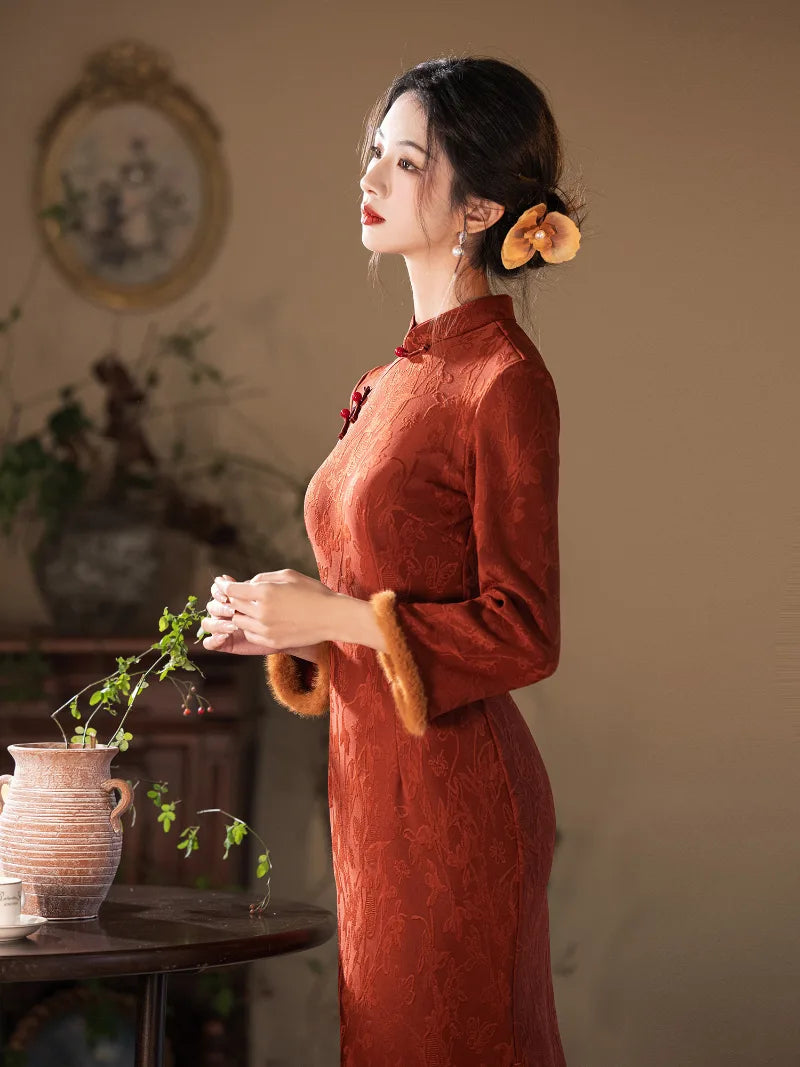 Winter Spring Festival Cheongsam featuring classic mandarin collar and slim silhouette