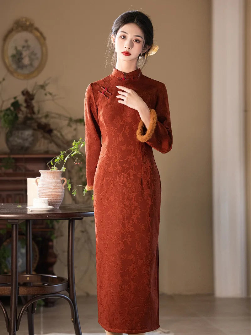 Winter Spring Festival Cheongsam featuring classic mandarin collar and slim silhouette
