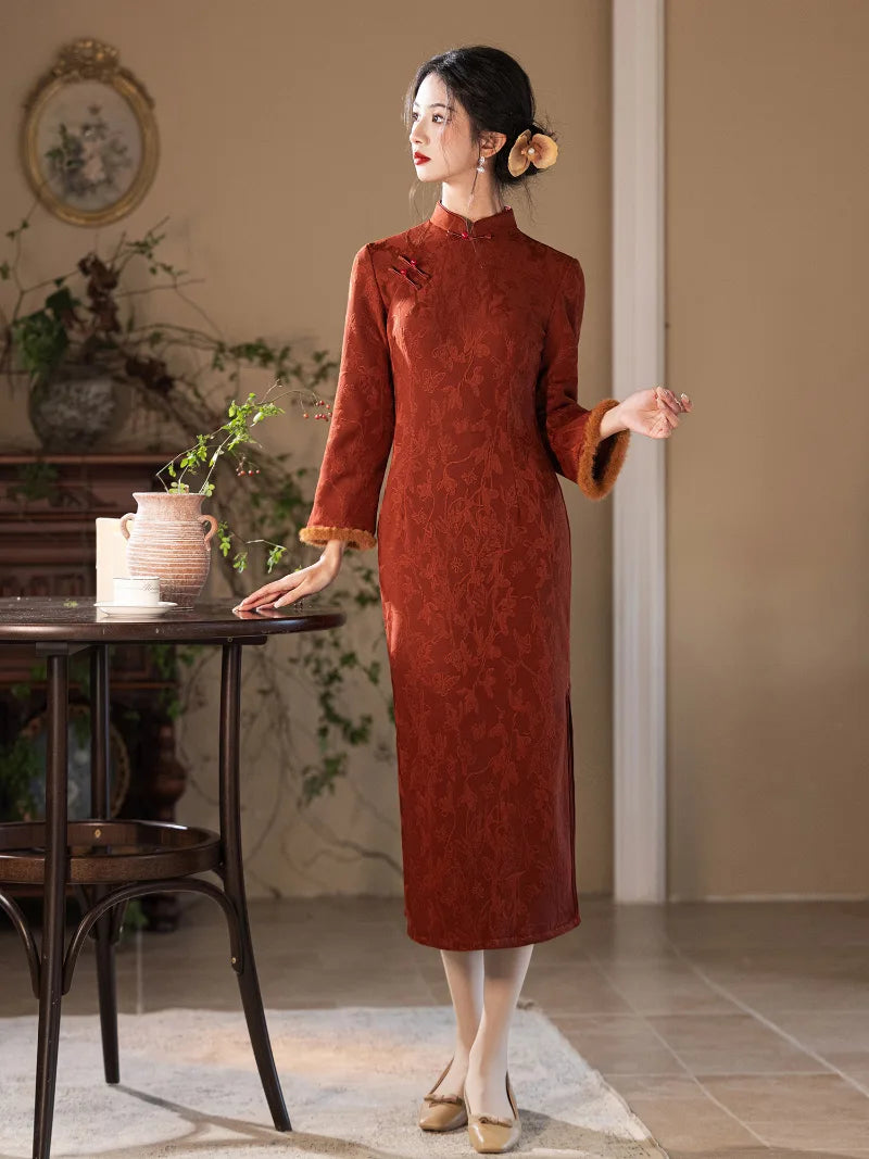 Winter Spring Festival Cheongsam featuring classic mandarin collar and slim silhouette