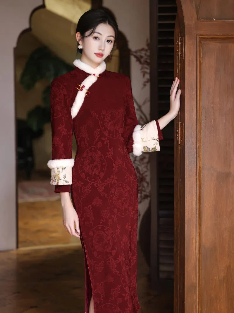 Elegant Spring Festival Qipao winter set with warm materials and timeless festive details