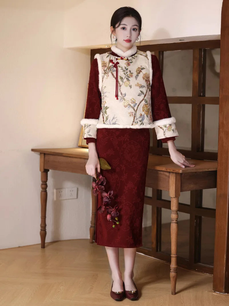 Elegant Spring Festival Qipao winter set with warm materials and timeless festive details