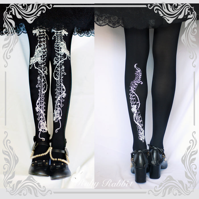 Gothic Lolita Bone and Rose Print Pantyhose