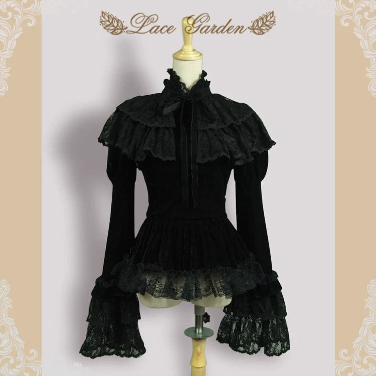 Black Lolita Cape Velvet Winter Lolita Short Shirt