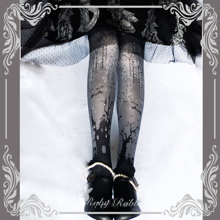 Halloween Gothic Lolita Castle and Spider Web Print Pantyhose