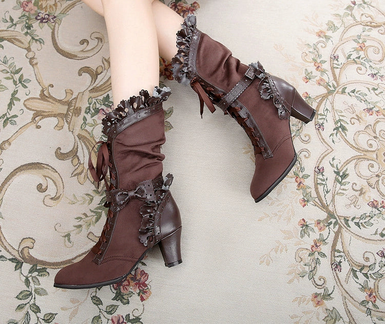 Meteorite's Wound - Winter Gothic Lolita Boots Dark Velvet Mid-Calf Heels