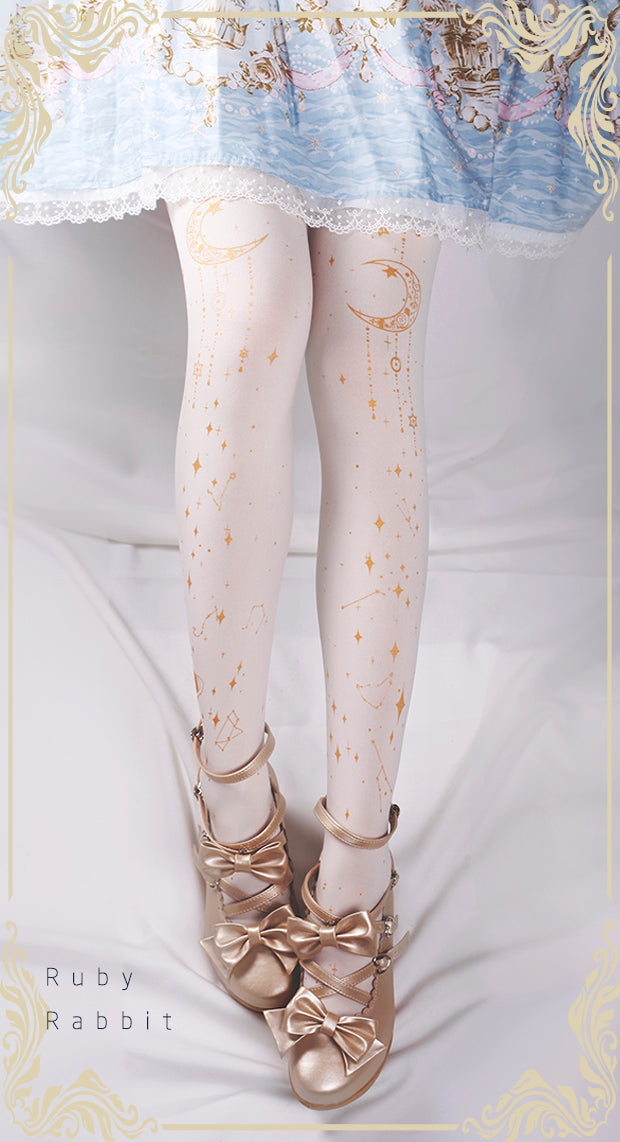 120D Velvet Lolita Tights, Gold Foil Print