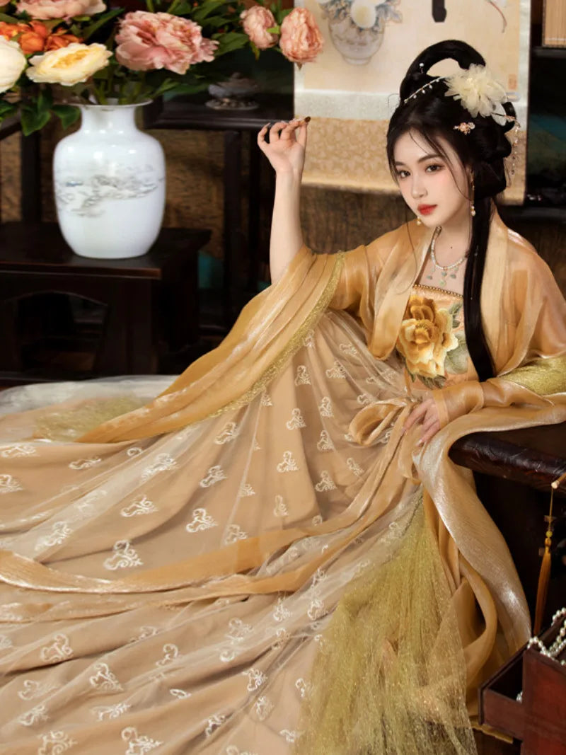 Tang Dynasty Hanfu Clothes embroidered peony ruqun with wide sleeves