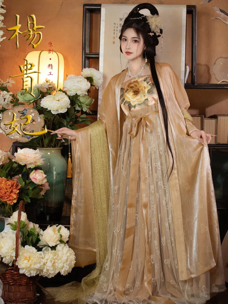Tang Dynasty Hanfu Clothes embroidered peony ruqun with wide sleeves