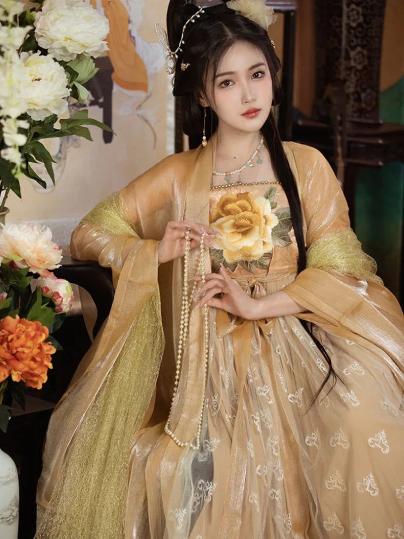 Tang Dynasty Hanfu Clothes embroidered peony ruqun with wide sleeves