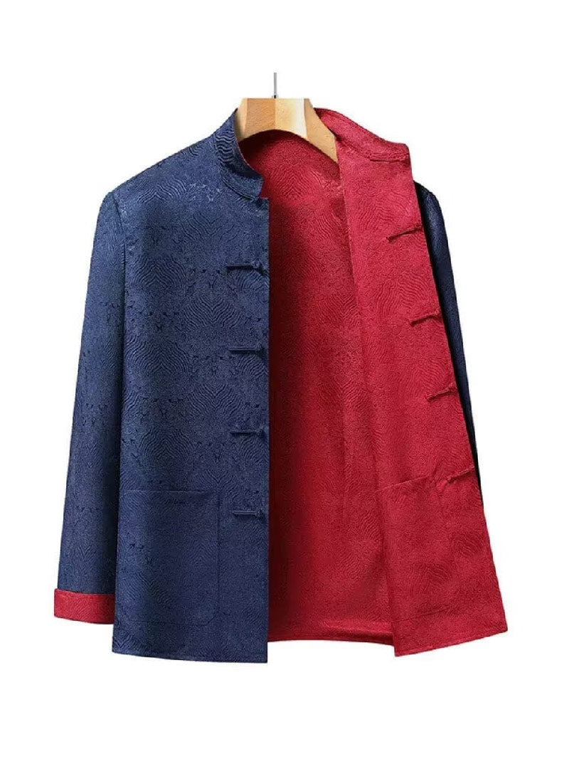 Aslinhanfu Reversible Chinese Tang Suit Jacket, Double-Sided Sea Wave Mandarin Collar Coat for Dad