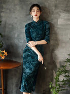 Teal Foral Half Sleeves Qipao Cheongsam Dress