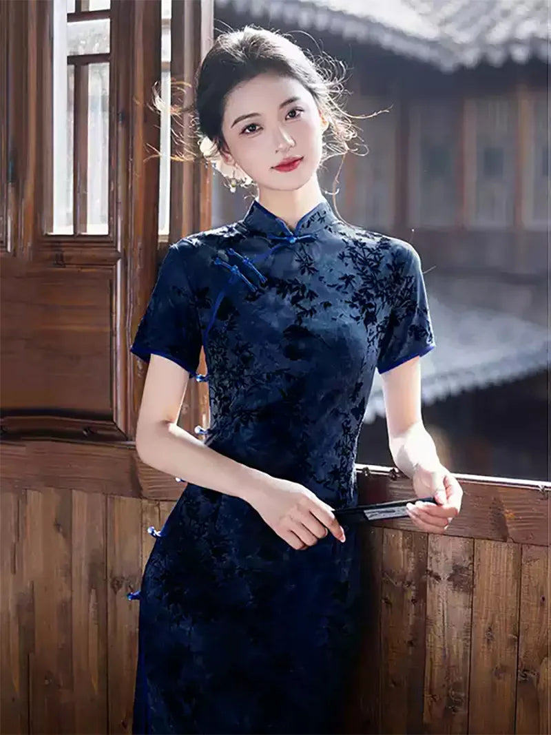 Tibetan Blue Cheongsam with ink-dye patterns and elegant vintage slim-fit summer design