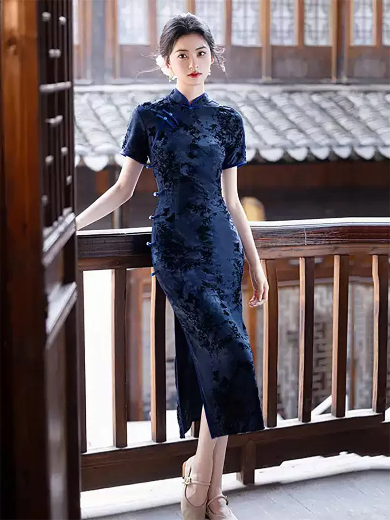 Tibetan Blue Cheongsam with ink-dye patterns and elegant vintage slim-fit summer design
