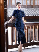 Tibetan Blue Cheongsam with ink-dye patterns and elegant vintage slim-fit summer design