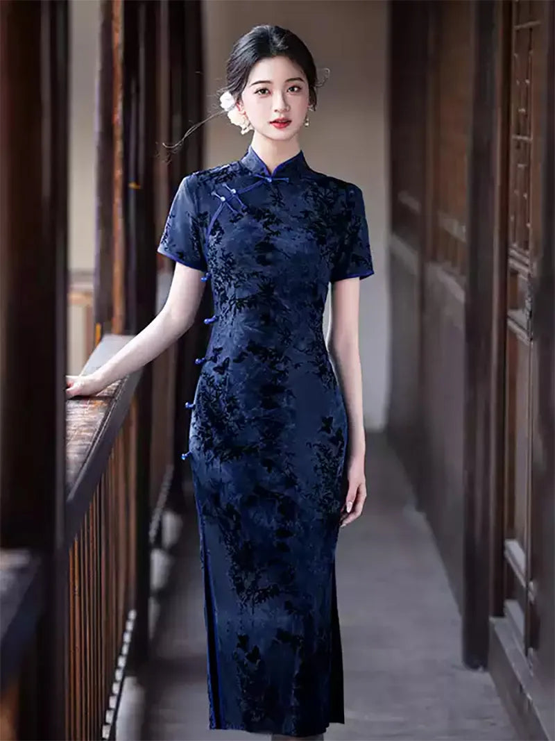 Tibetan Blue Cheongsam with ink-dye patterns and elegant vintage slim-fit summer design